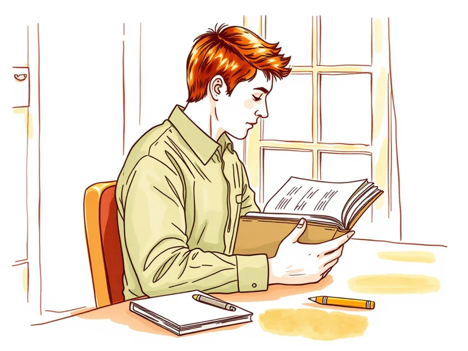 Step 2 of 12: Read the introduction and the contents page first. A person seated at a desk opening a thick book, a notebook and pen beside them, window behind