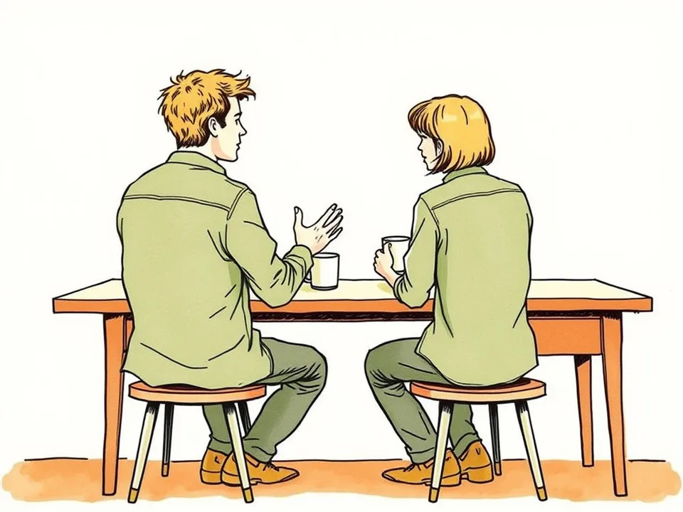 Step 6 of 12: Give one example, then stop talking. A person speaking plainly across a table while the listener waits with both hands on a mug