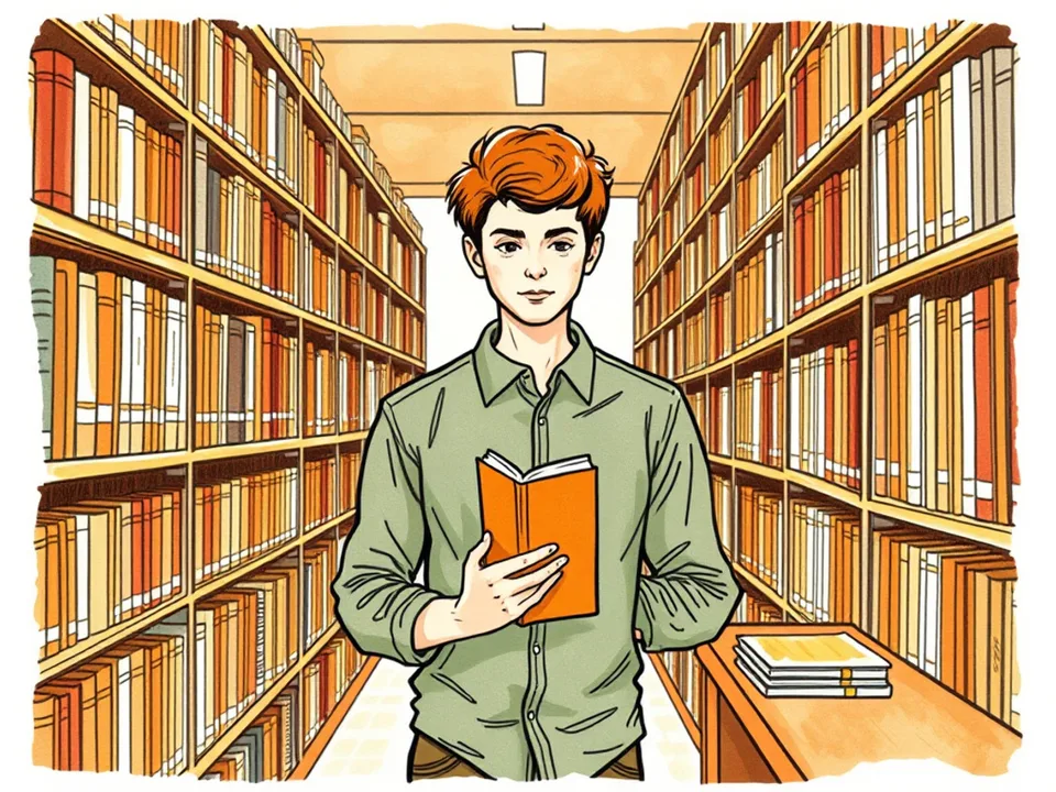 Step 11 of 12: Read one secondary source that disagrees. A person standing in a library aisle holding a book, shelves on both sides