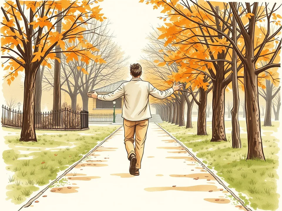 Step 2 of 12: Start with run-walk intervals, not with running. A person walking briskly along an autumn park path with arms swinging, trees on both sides