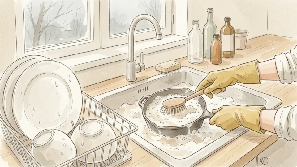 Step 11 of 15: Wear gloves for the washing-up. Yellow rubber gloves washing a pan with a wooden brush in a kitchen sink full of suds, a drying rack of clean plates alongside and plain bottles with blank labels on the worktop behind.