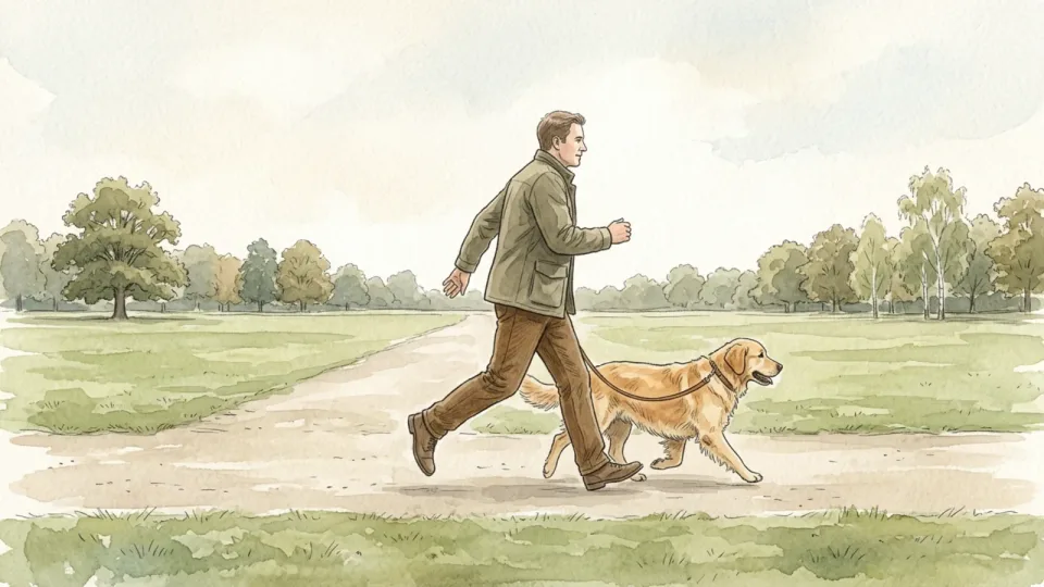 Step 7 of 15: Build up to brisk fifteen-minute blocks. A person striding along a wide park path with a dog trotting level with their knee, both leaning slightly into the pace.