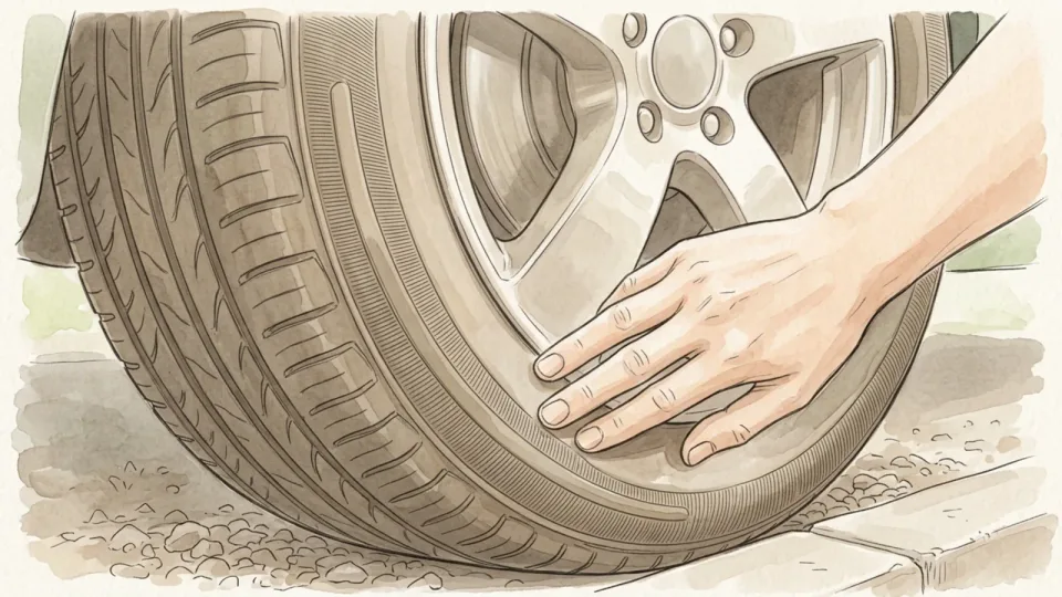 Step 2 of 15: Ignore the figure moulded into the sidewall. A close view of a tire sidewall and shoulder, with a hand resting on the ribbed rubber beside the raised pattern in the surface.