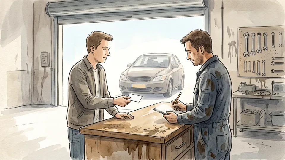 Step 14 of 15: Spend it when the emergency actually happens. A person handing a card across a workshop counter while a mechanic writes on a pad, a car visible through the open doorway.