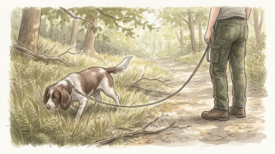 Step 8 of 15: Leave room for sniffing. A dog nose-down in long grass at the edge of a path, lead slack, while the person at the other end waits and looks away.