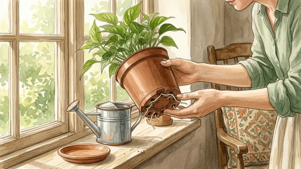 Step 1 of 15: Look for signs the plant needs space. Hands tilting a potted houseplant on a windowsill to show roots pushing out of the drainage hole at its base.