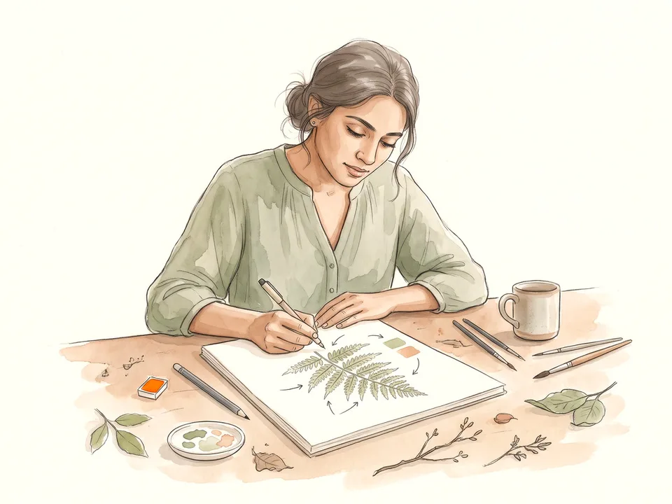Step 8 of 12: Use labels, arrows, and colour swatches. A woman labeling a fern sketch with arrows and a color swatch
