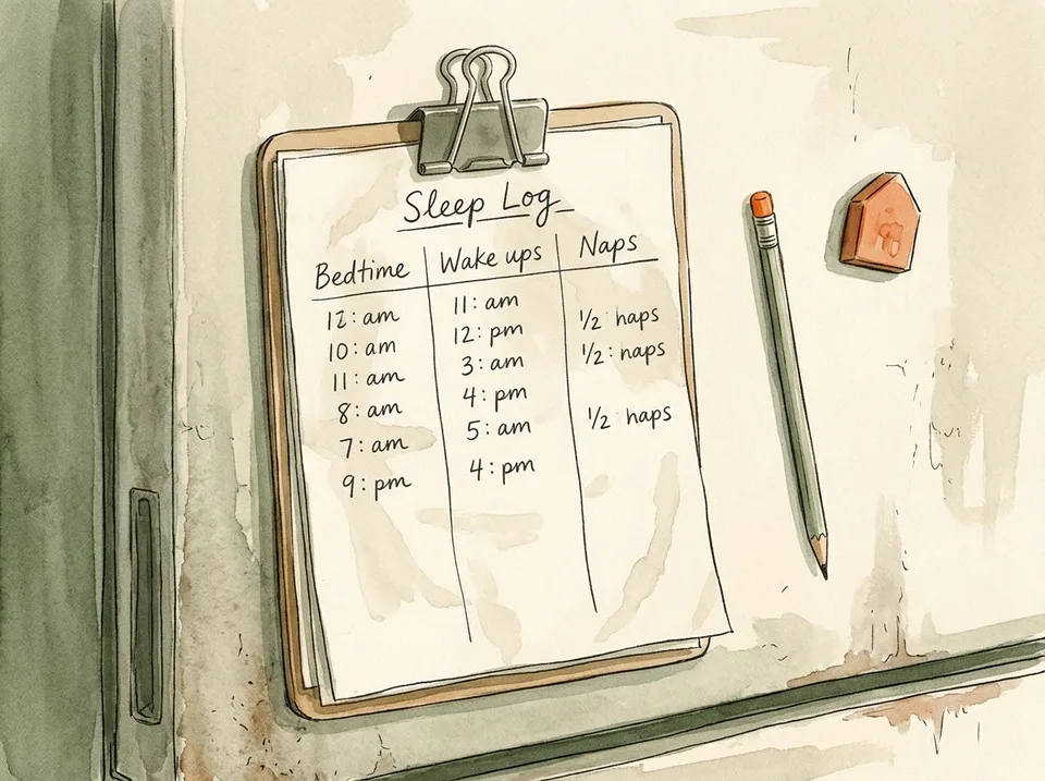 Step 15 of 15: Track two weeks before you change the plan. A simple handwritten sleep log on a fridge door with columns for bedtime, wake-ups and naps