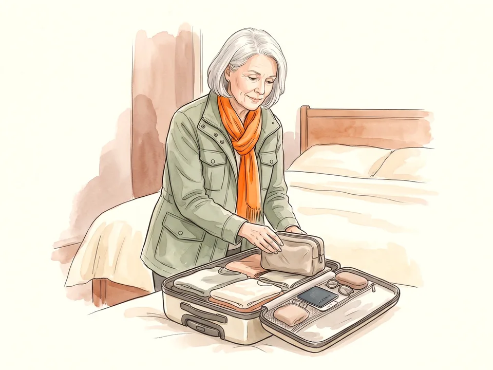 Step 12 of 12: Keep essentials at the top. A traveler placing an essentials pouch at the top of a packed bag