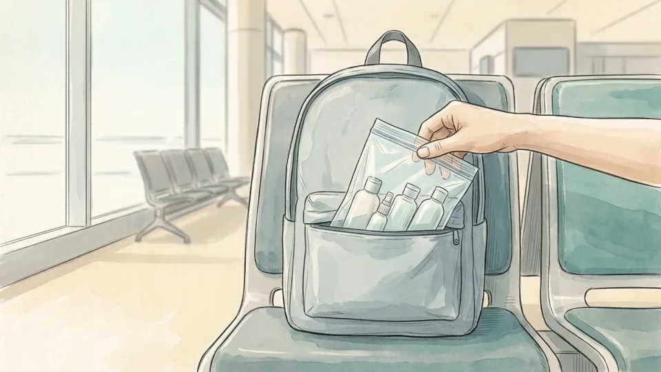 Step 5 of 15: Put the liquids bag where you can pull it out in one move. Hands drawing a clear zip bag of small bottles out of the front pocket of a backpack standing upright on an airport bench.