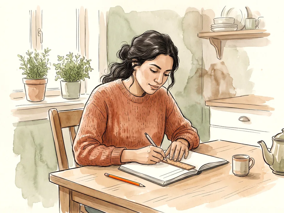 Step 3 of 12: Make a simple page template. A woman ruling a simple header in a notebook with a wooden ruler