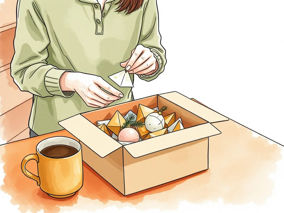 Step 11 of 12: Retire traditions deliberately. A person packing decorations into a box to retire a tradition deliberately