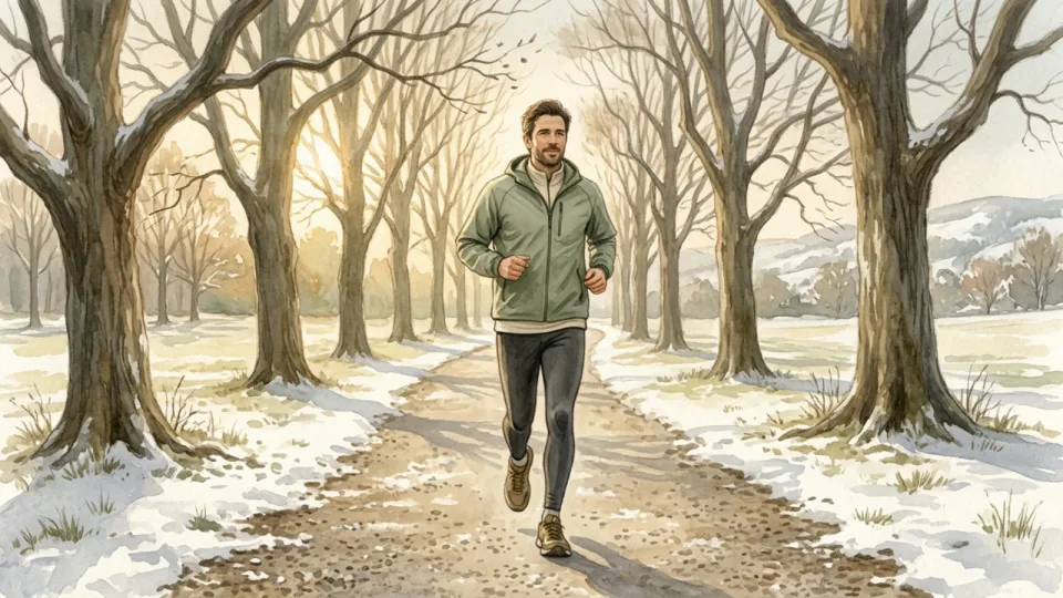 Step 8 of 15: Keep the effort conversational. A person jogging at an easy-looking pace on a wintry tree-lined path