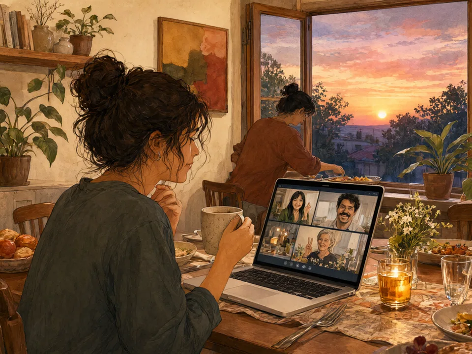 Step 4 of 12: Check who it excludes. A person on a video call at the table while another sets a place for them