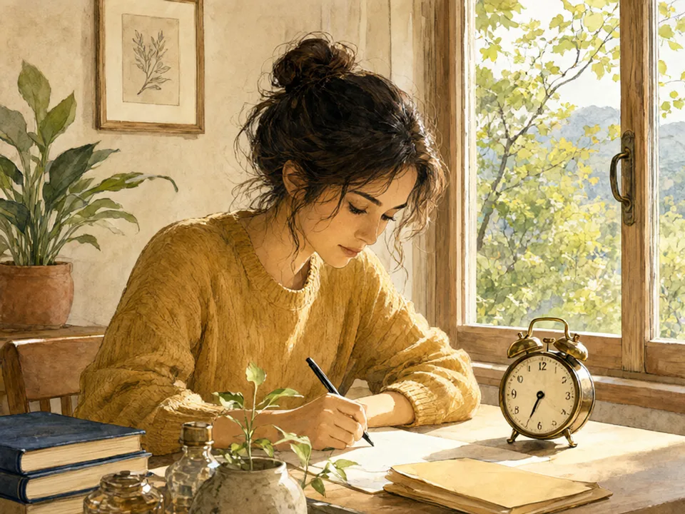 Step 8 of 12: Do past papers under exam conditions. A student working through a past paper with a clock on the desk