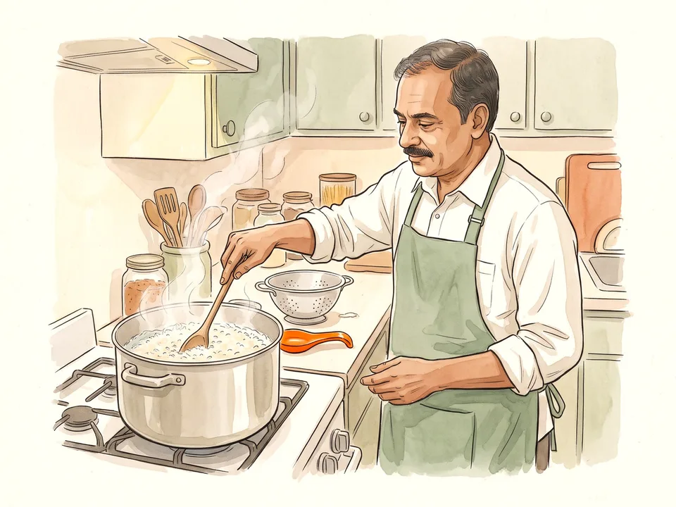 Step 5 of 12: Boil plenty of salted water. A cook stirring rice in a large pot of boiling water