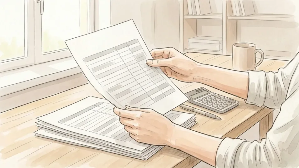 Step 1 of 15: Write down the last three unplanned expenses you had. A person at a desk turning through a stack of printed bank statements, with a pen and a calculator beside them.
