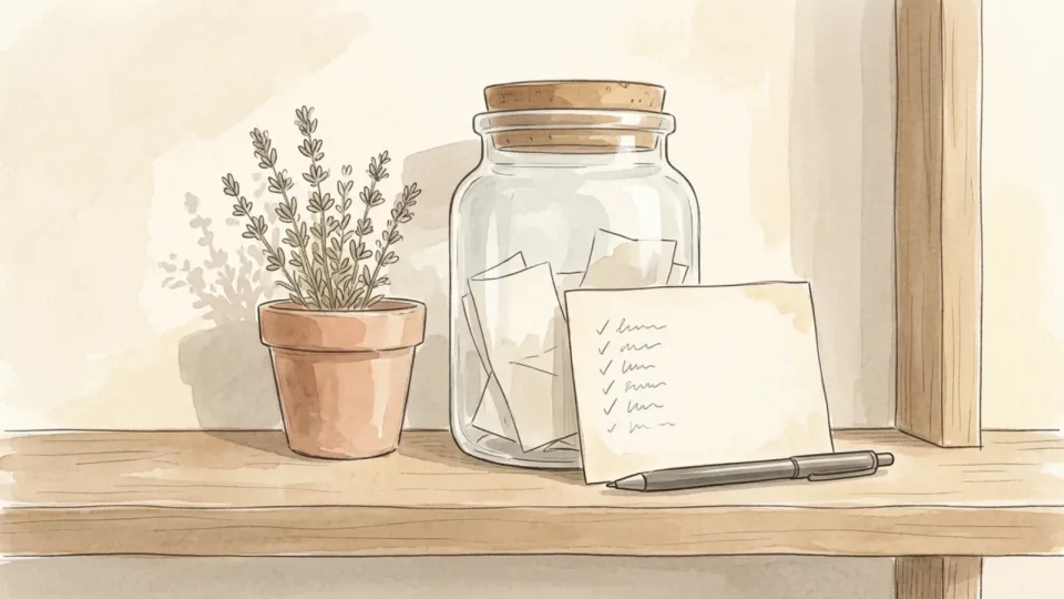 Step 4 of 15: Decide in advance what counts as an emergency. A small card propped against a lidded jar on a kitchen shelf, with a pen resting across it.
