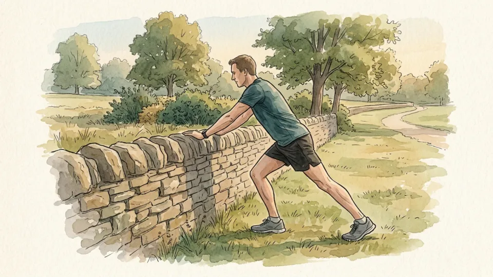 Step 12 of 15: Stretch gently while you are still warm. An adult doing a standing calf stretch with both hands on a low dry-stone wall in a quiet park, back leg straight and heel down.