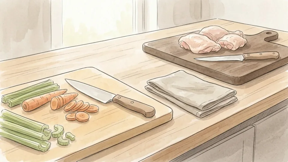 Step 6 of 15: Keep raw meat away from everything else. Two chopping boards set apart on a worktop, one holding sliced vegetables and the other raw chicken pieces.