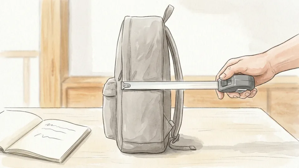 Step 1 of 15: Find your airline's actual personal item dimensions. A soft backpack standing on a table while a hand stretches a retractable tape measure across its depth, an open notebook lying beside it.