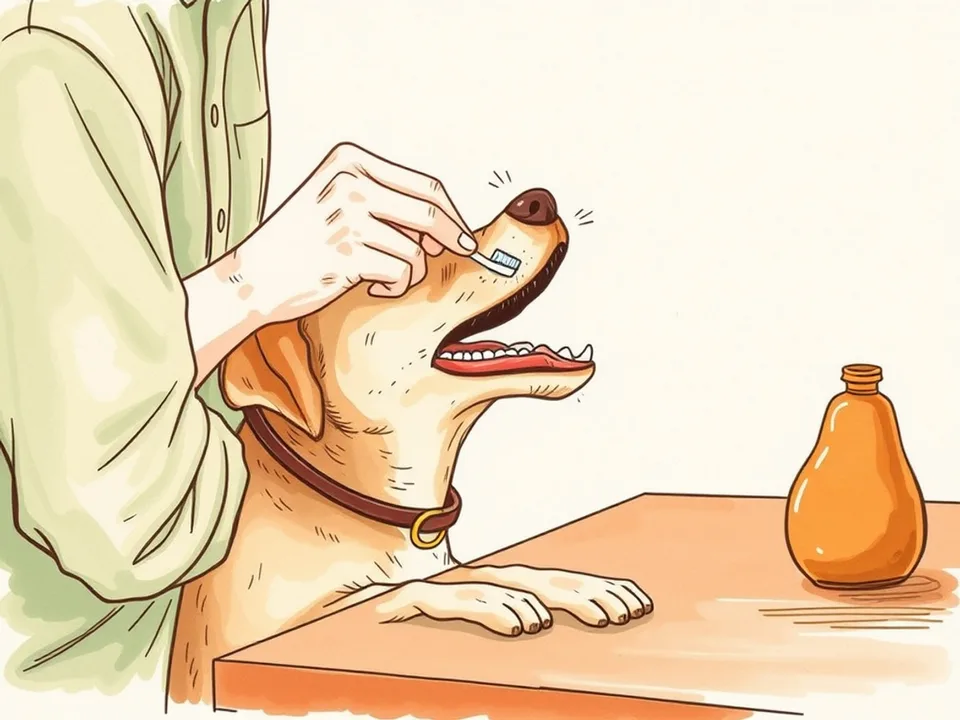 Step 7 of 12: Reach the back teeth and gumline. A person angling a toothbrush toward the back teeth at the side of a dog's mouth