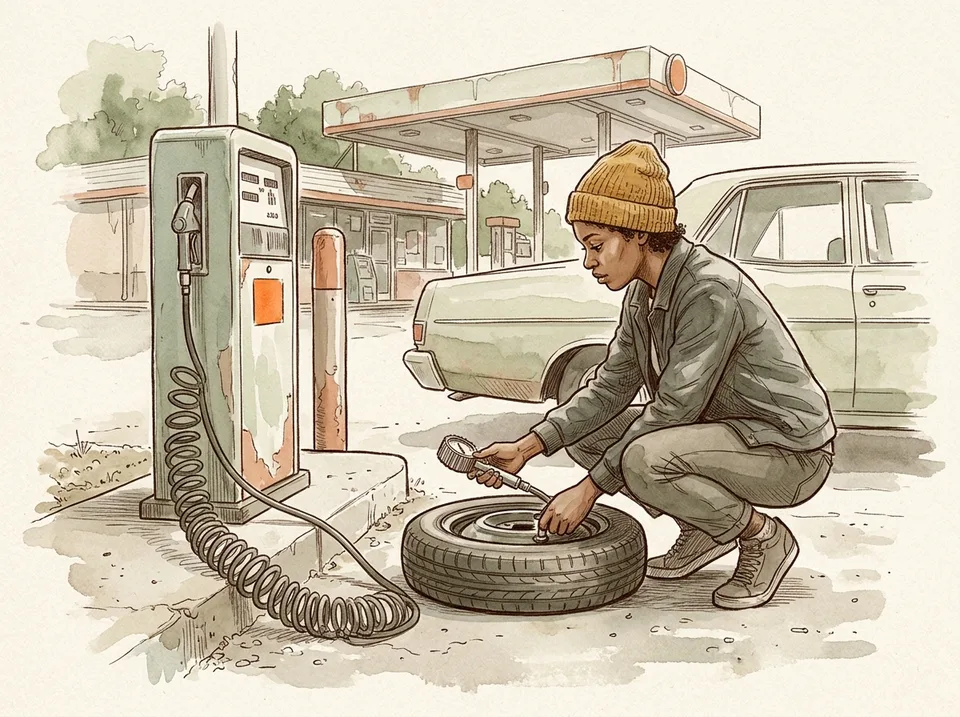 Step 14 of 15: Check the spare's pressure before you drive away. A hand pressing a tire-pressure gauge onto the valve of a compact spare tire at a gas station air pump
