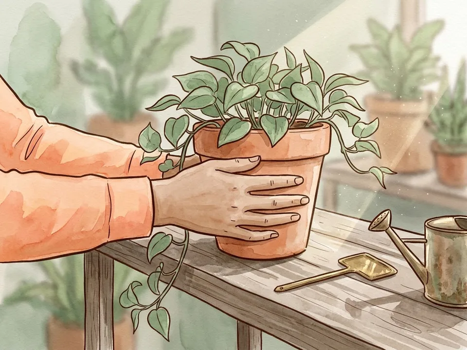 Step 4 of 12: Rotate and clean the leaves. Hands turning a trailing ivy pot on a wooden table
