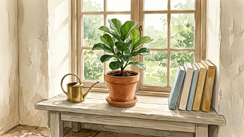Step 15 of 15: Return it to suitable light and observe. A newly potted leafy plant on a bright shelf away from a direct beam of sunlight.