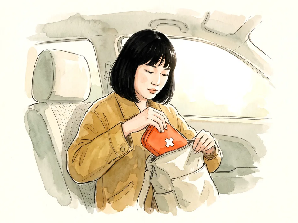 Step 3 of 12: Build a small travel kit. A traveler zipping a small orange first-aid pouch into a canvas bag
