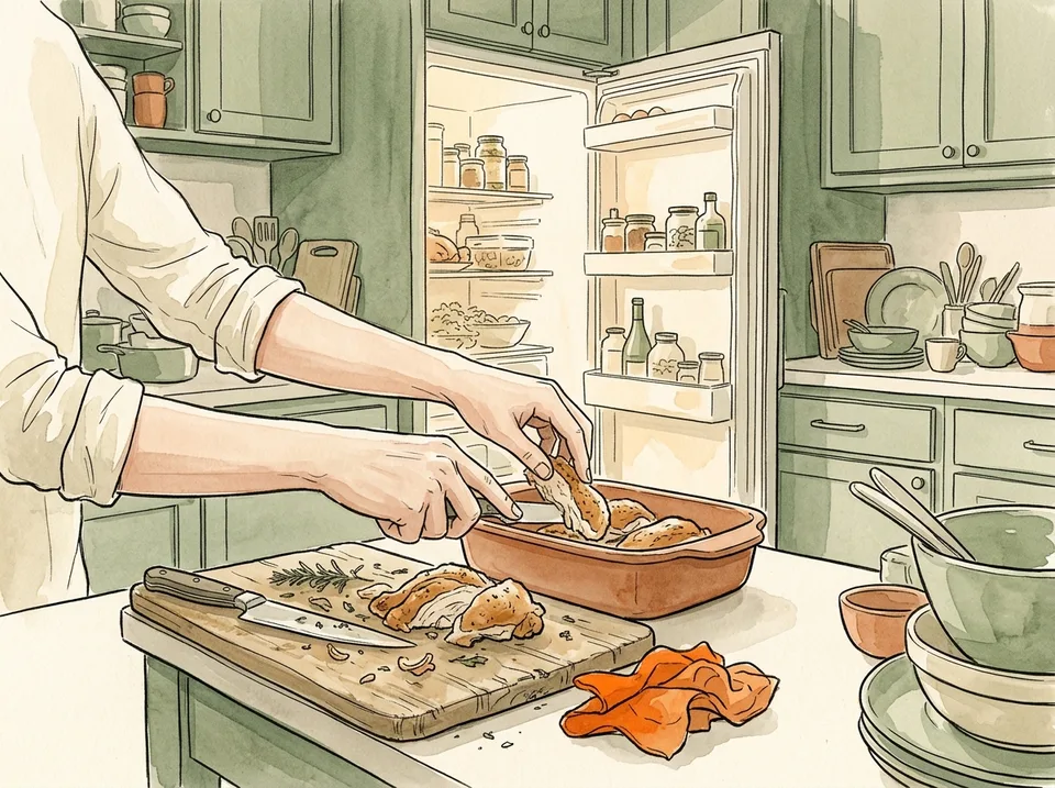 Step 15 of 15: Cool and refrigerate the leftovers within two hours. Hands placing carved chicken into a shallow container on a kitchen counter, a fridge door open behind