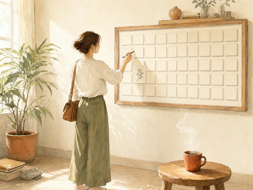 Step 3 of 12: Add up hours, not tasks. A person marking a blank wall planner with a pencil