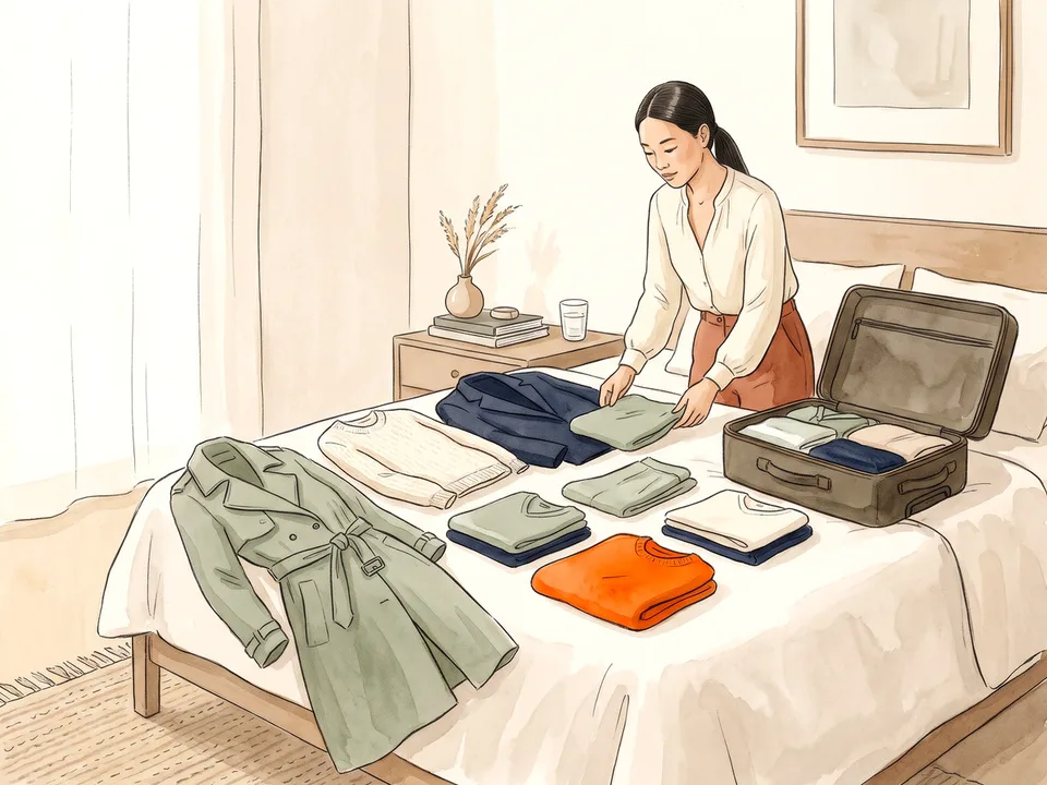 Step 2 of 12: Choose a color capsule. A traveler arranging a small capsule wardrobe on a bed