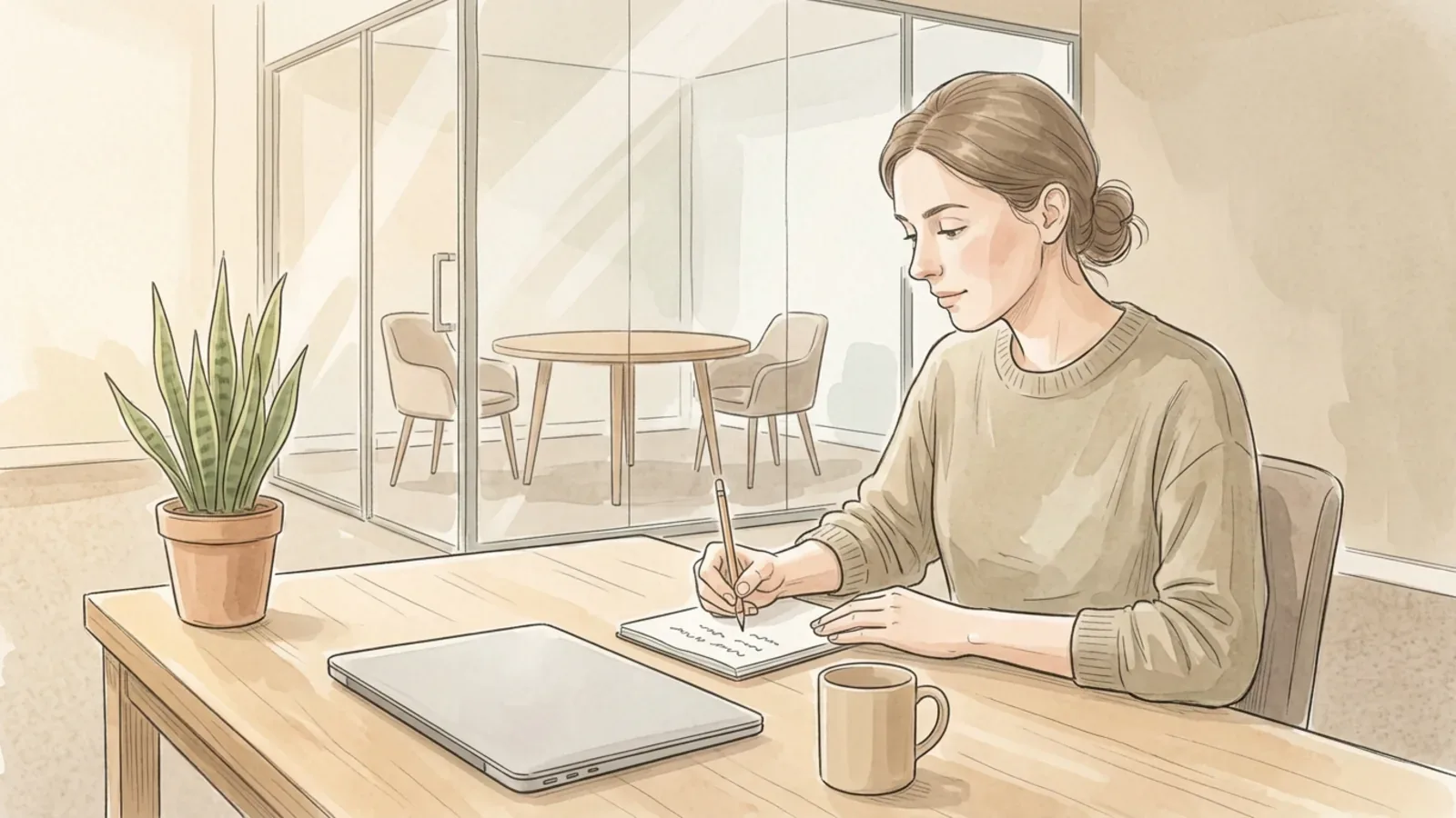 A woman at a tidy office desk writing short pencil lines on a small notepad, a plain closed laptop and a mug beside her, and a glass-walled meeting room with a round table and three empty chairs behind her.