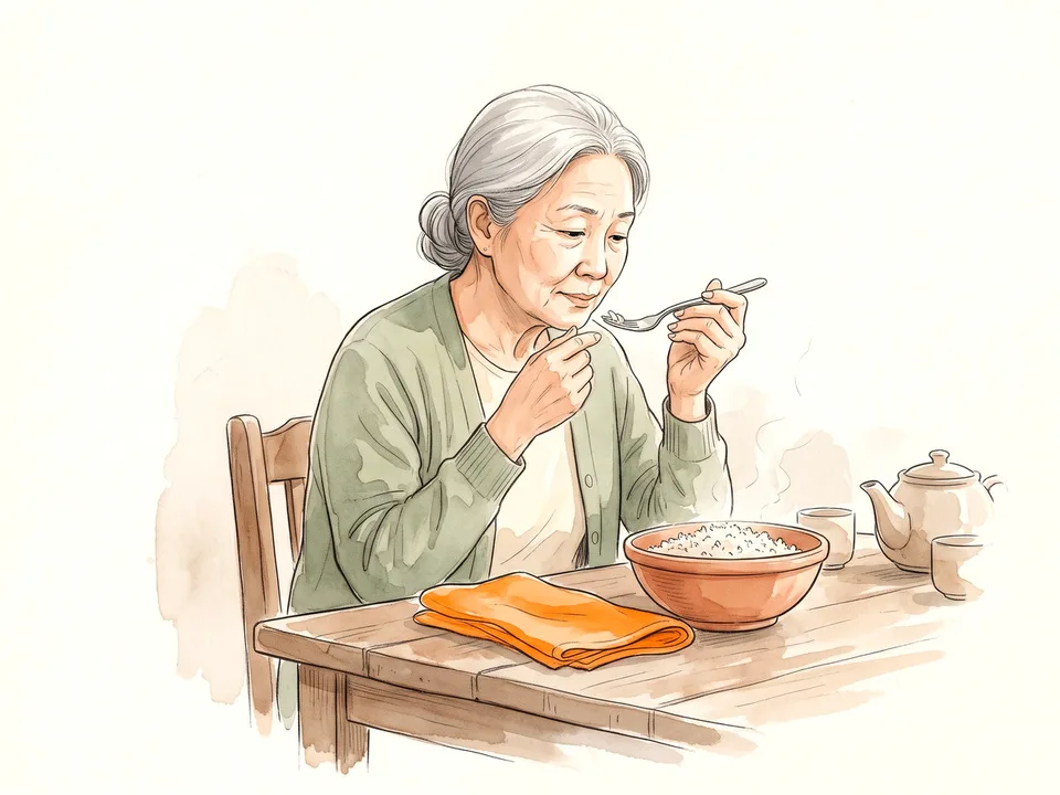 Step 7 of 12: Test for doneness. A cook tasting a grain of rice to check doneness