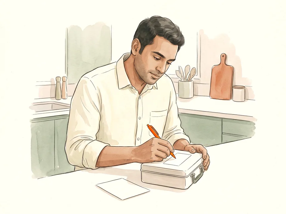 Step 4 of 12: Label the kit and add emergency numbers. A man writing on a blank label on a first-aid box