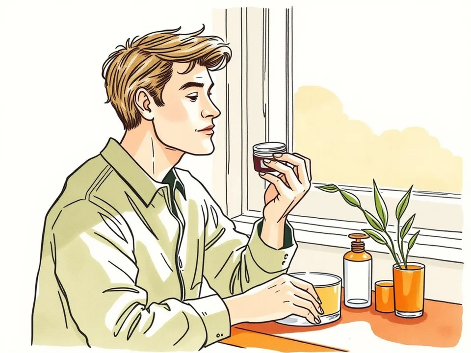 Step 6 of 12: Keep mornings simple. A person applying moisturiser and sunscreen in morning light