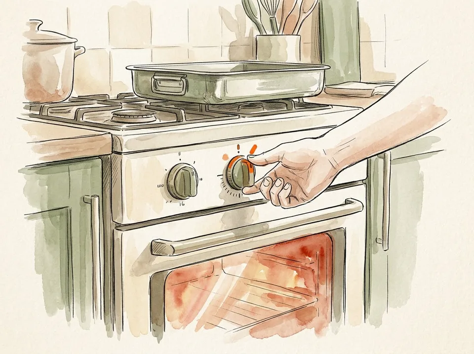 Step 6 of 15: Heat the oven to 220°C (425°F). A hand turning an oven dial to a high setting, the oven interior glowing warm, a roasting tin waiting on the hob
