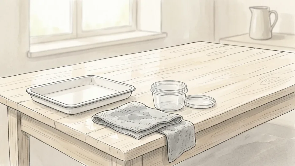 Step 2 of 15: Clear a work surface and put children and pets elsewhere. An empty wiped kitchen table with a tray, a cloth and a lidded tub set out at one end, morning light across the surface.