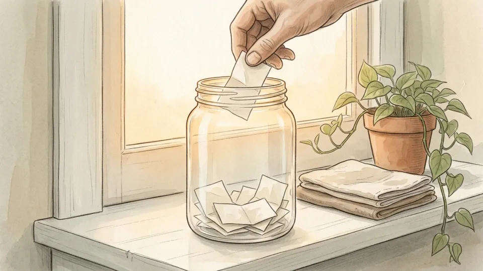 Step 15 of 15: Refill it on a schedule, not on a feeling. A hand dropping a folded paper slip into a glass jar on a painted shelf that already holds a shallow layer of them, with a trailing plant beside it and soft daylight behind.