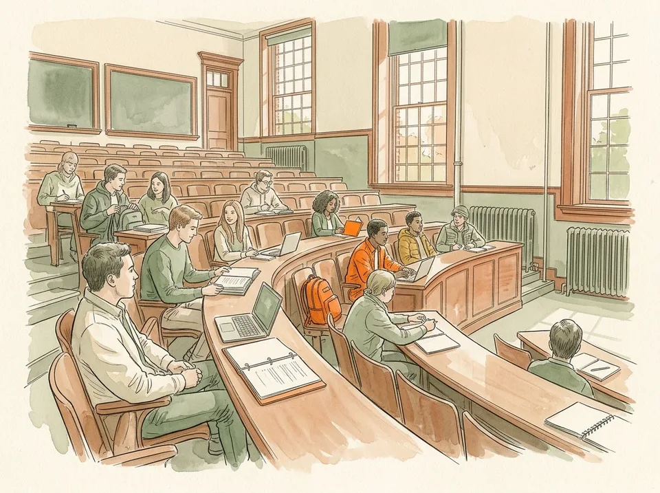Step 4 of 15: Sit in the front third of the room. A lecture hall seen from the front row, students settling into seats, notebooks open on the desks