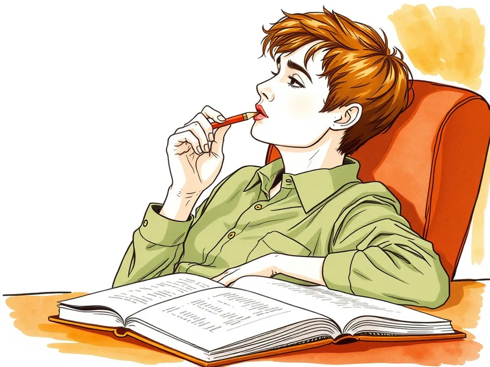 Step 7 of 12: Test one premise with a counterexample. A person leaning back in a chair with a pencil to their lips, thinking, an open book on the desk