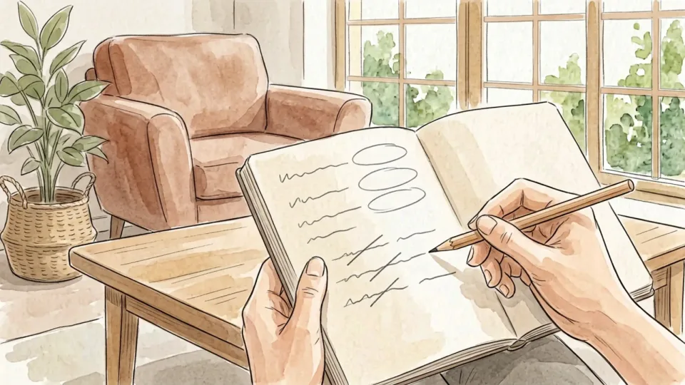Step 6 of 15: Choose two or three topics, not ten. Two hands holding an open notebook over a low table in an office breakout area, one hand writing with a pencil; the page shows wavering pencil lines, three empty circles near the top and several lines struck through.