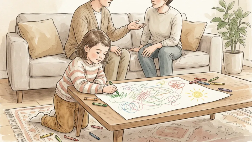 Step 11 of 15: Ask for solutions before you give yours. A young child kneeling at a low table drawing with crayons while two adults talk behind her on the sofa.