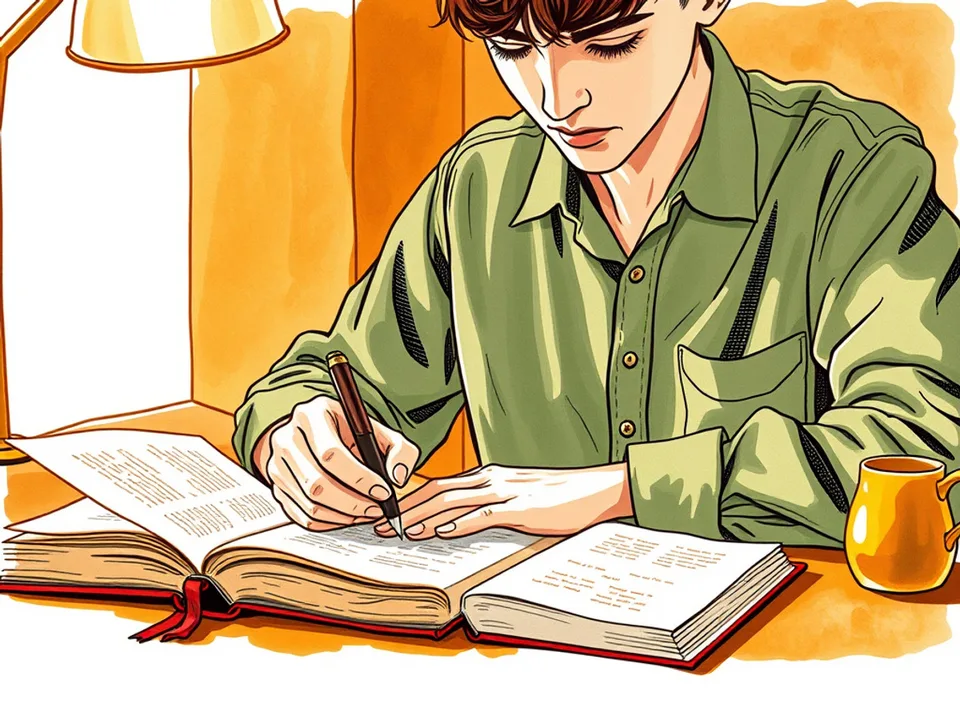 Step 9 of 12: Write a summary in your own words. A person writing in a notebook beside a closed book in warm lamplight