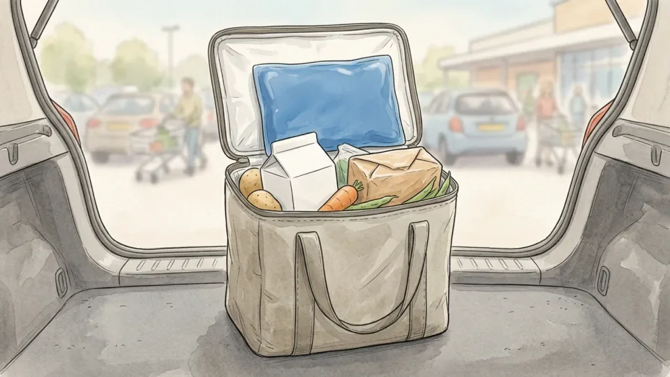 Step 3 of 15: Keep the cold chain on the way home. A cool bag standing open in the boot of a car, packed with chilled groceries and a flat gel pack.