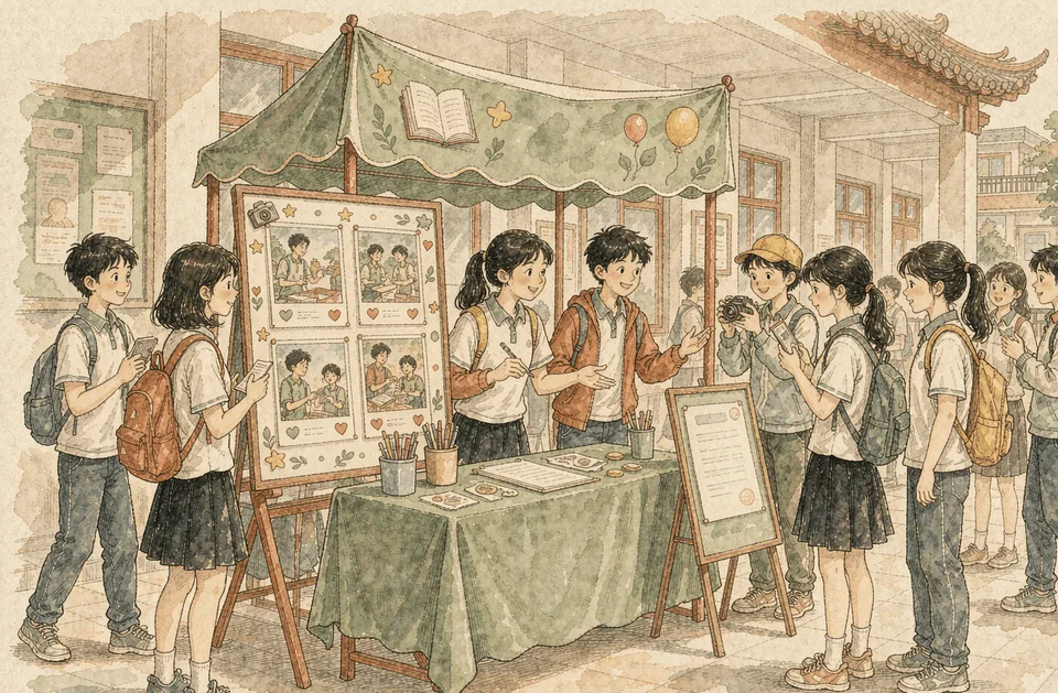 Step 10 of 12: Make the club visible outside its own room. 社团招新摊位前向路人介绍