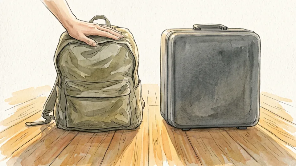 Step 2 of 15: Pick a soft bag over a rigid one. Two bags side by side on a wooden floor, one a slumped soft backpack and one a rigid boxy case, a hand pressing the soft one down.